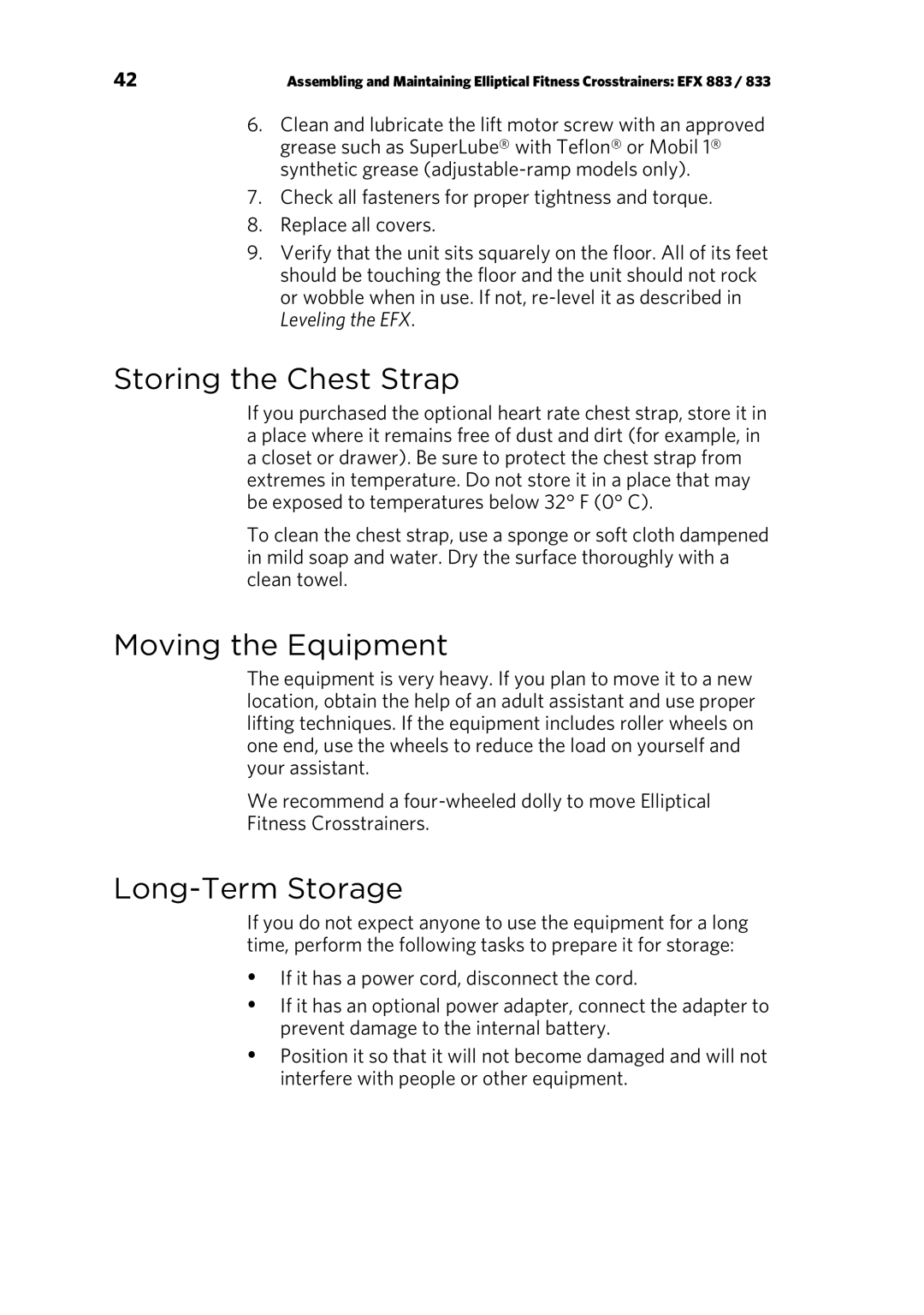 Precor EFX 833, EFX 883 warranty Storing the Chest Strap, Moving the Equipment, Long-Term Storage 