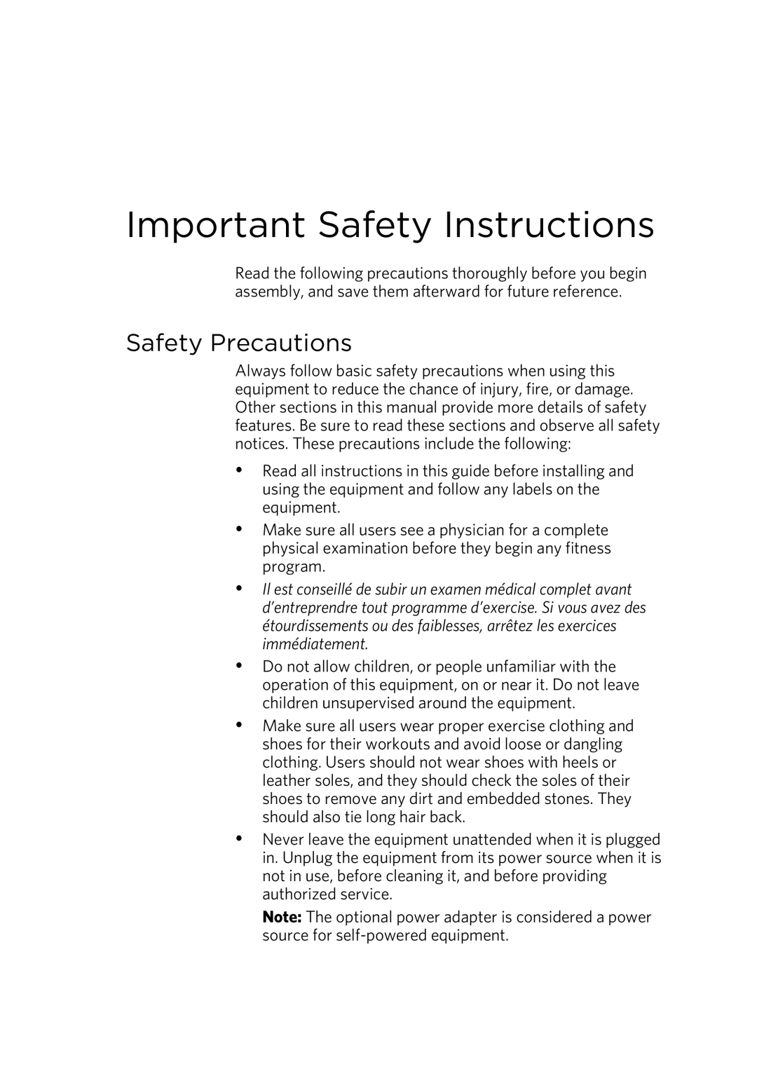 Precor EFX 883, EFX 833 warranty Important Safety Instructions, Safety Precautions 