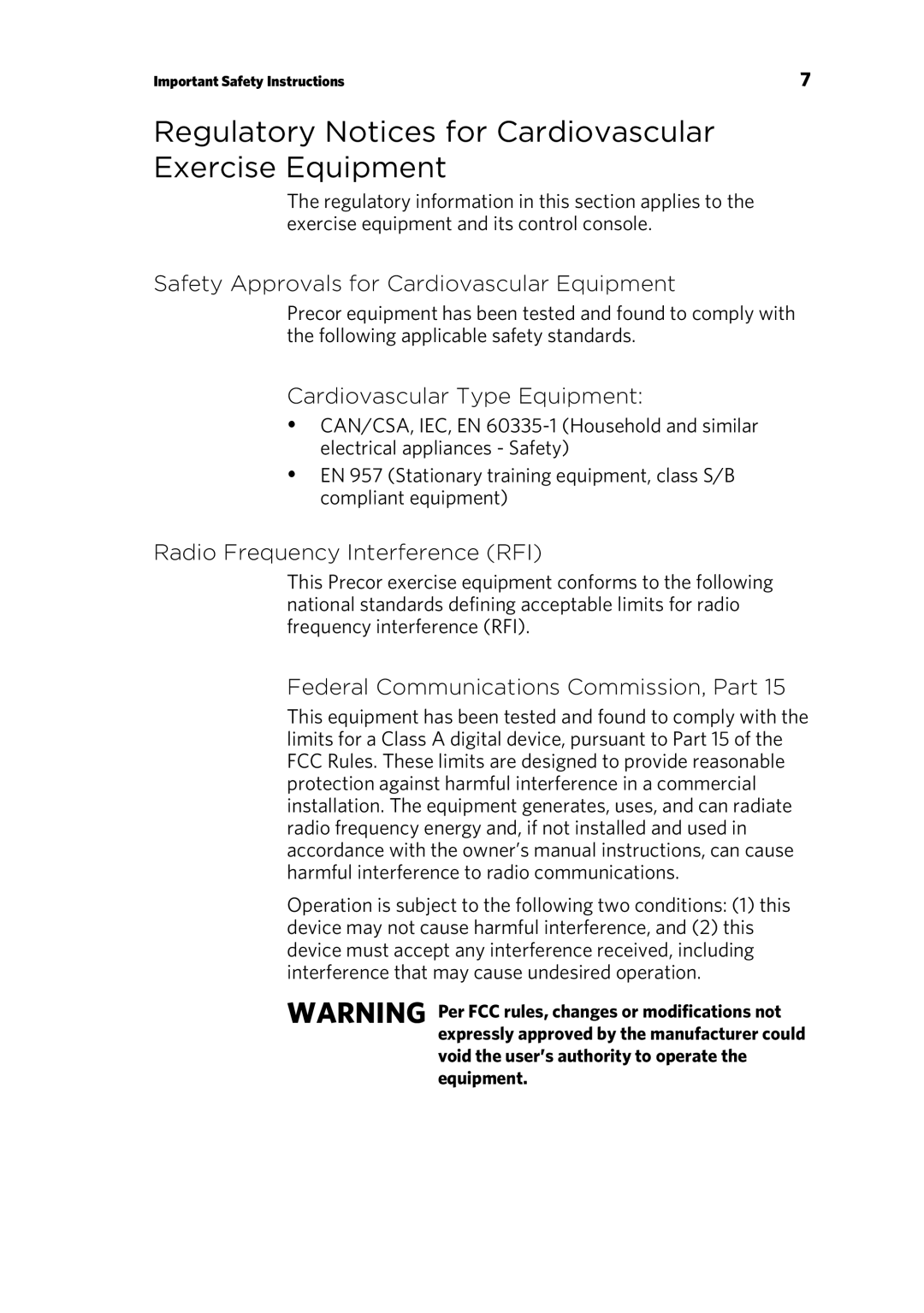 Precor EFX 883, EFX 833 warranty Regulatory Notices for Cardiovascular Exercise Equipment 