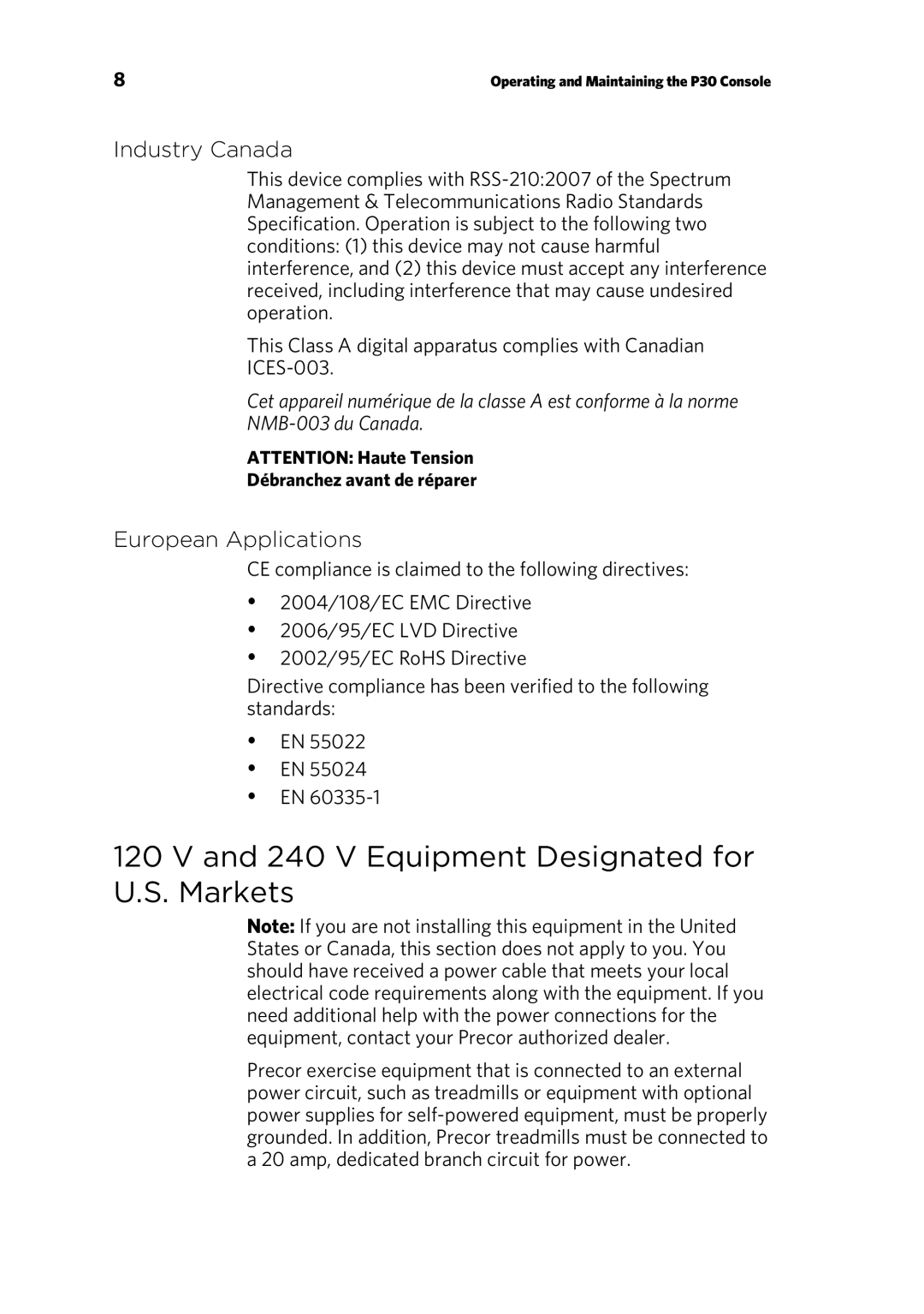 Precor EFX 833, EFX 883 warranty V Equipment Designated for U.S. Markets, Industry Canada 