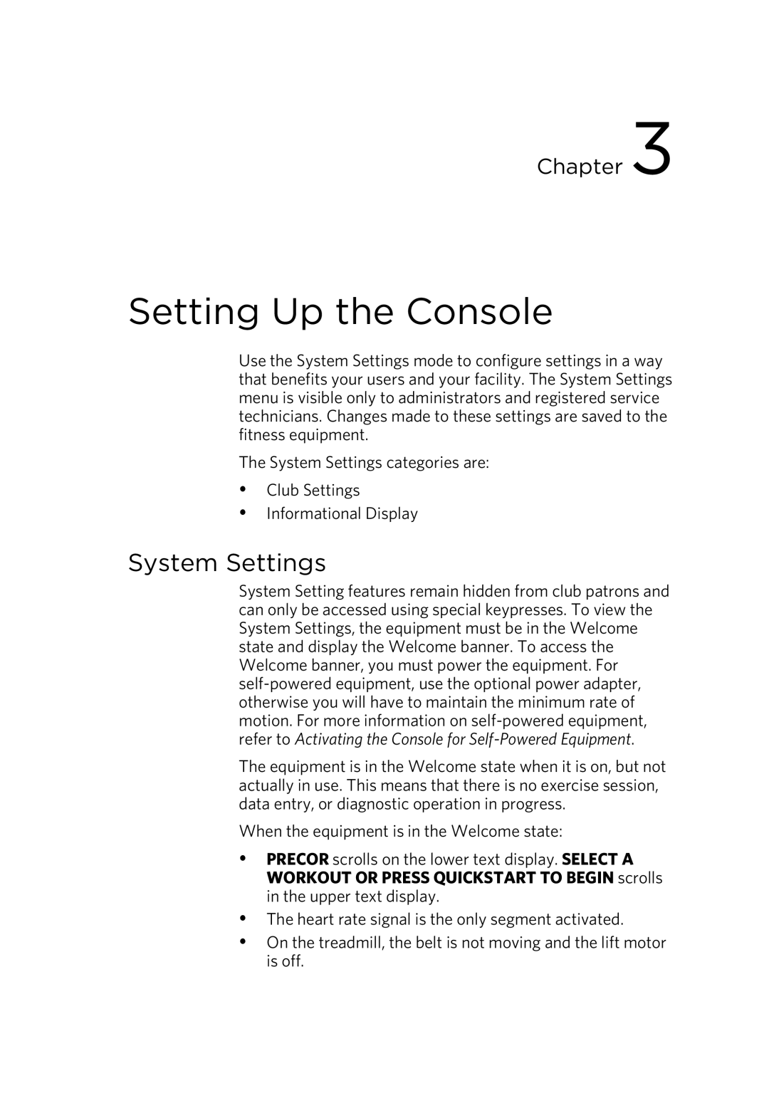 Precor EFX 883, EFX 833 warranty Setting Up the Console, System Settings 