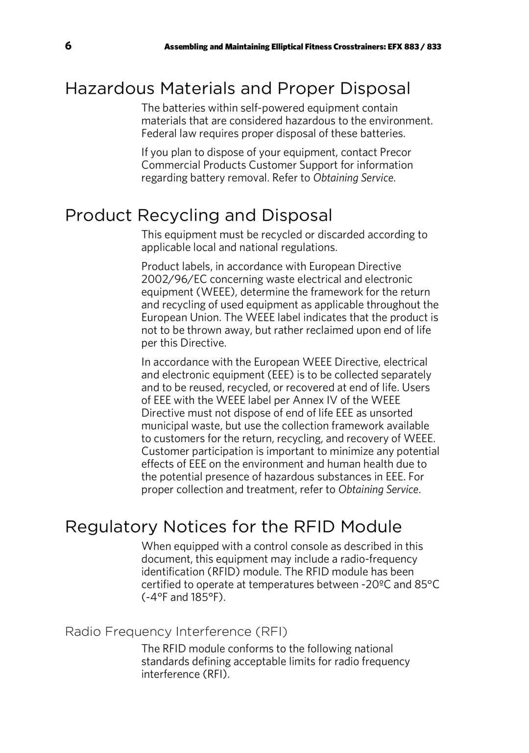 Precor EFX 833 Hazardous Materials and Proper Disposal, Product Recycling and Disposal, Radio Frequency Interference RFI 