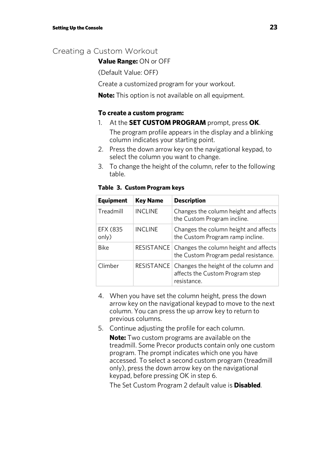 Precor EFX 883, EFX 833 warranty Creating a Custom Workout, Value Range on or OFF, To create a custom program 