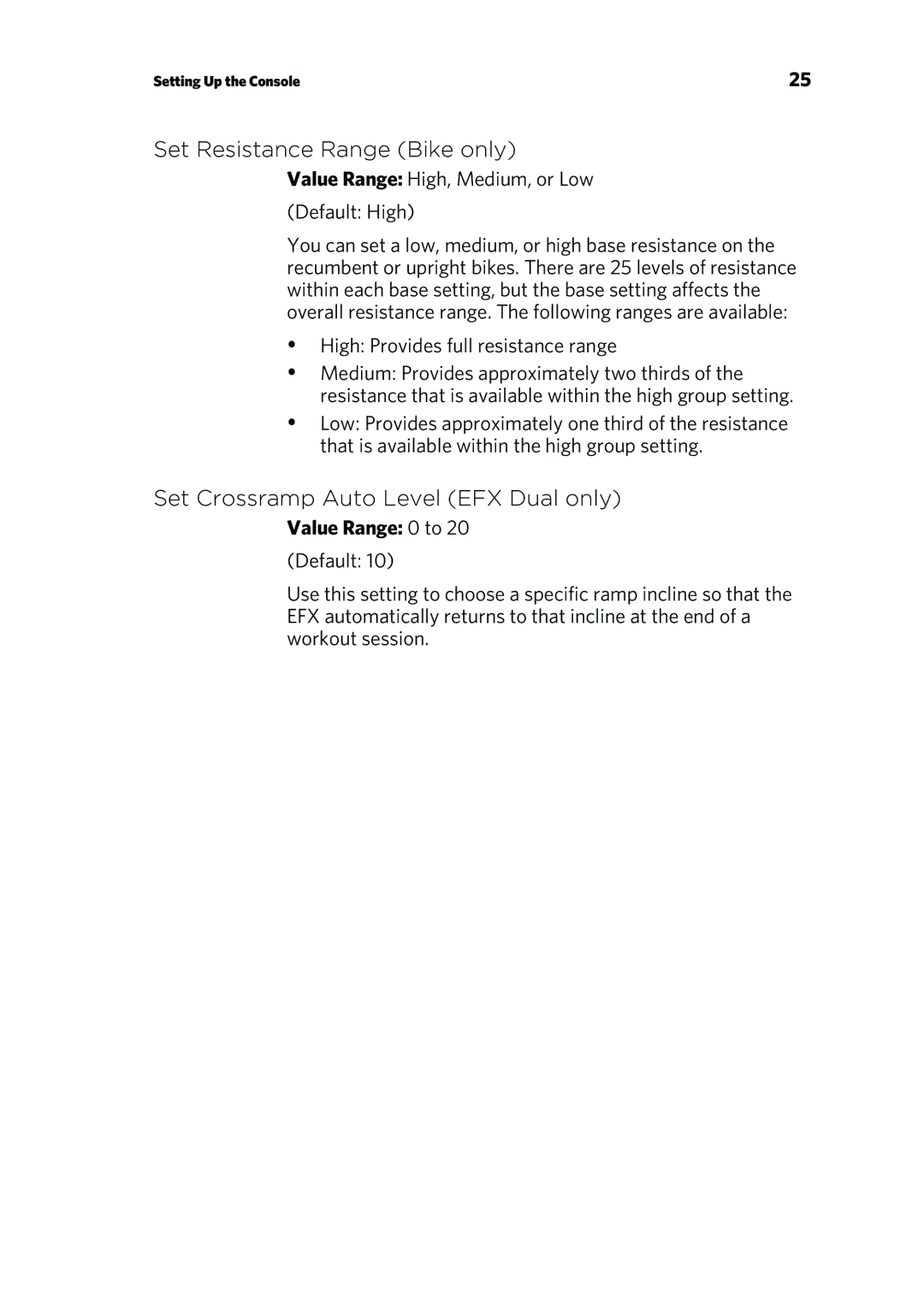 Precor EFX 883, EFX 833 warranty Set Resistance Range Bike only, Set Crossramp Auto Level EFX Dual only, Value Range 0 to 