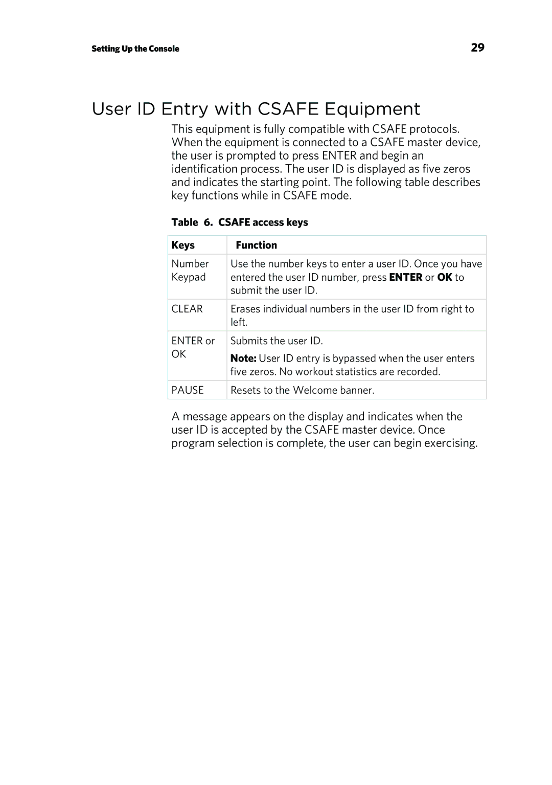 Precor EFX 883, EFX 833 warranty User ID Entry with Csafe Equipment, Csafe access keys Keys Function 