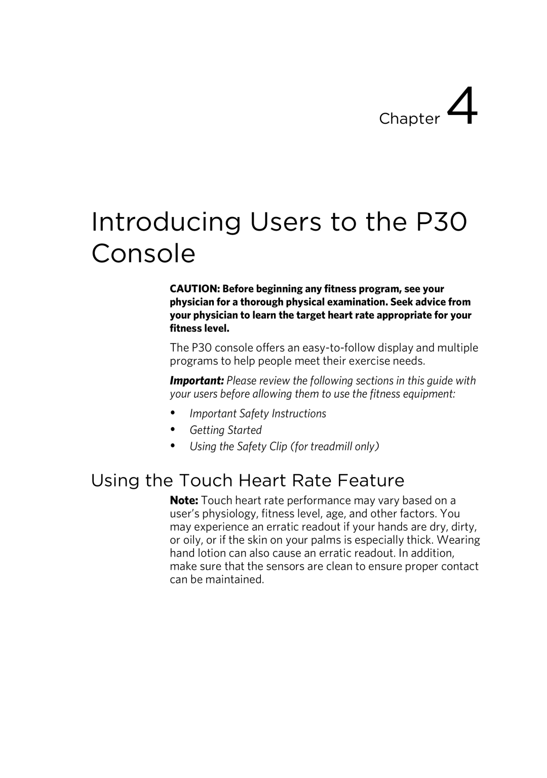 Precor EFX 883, EFX 833 warranty Introducing Users to the P30 Console, Using the Touch Heart Rate Feature 