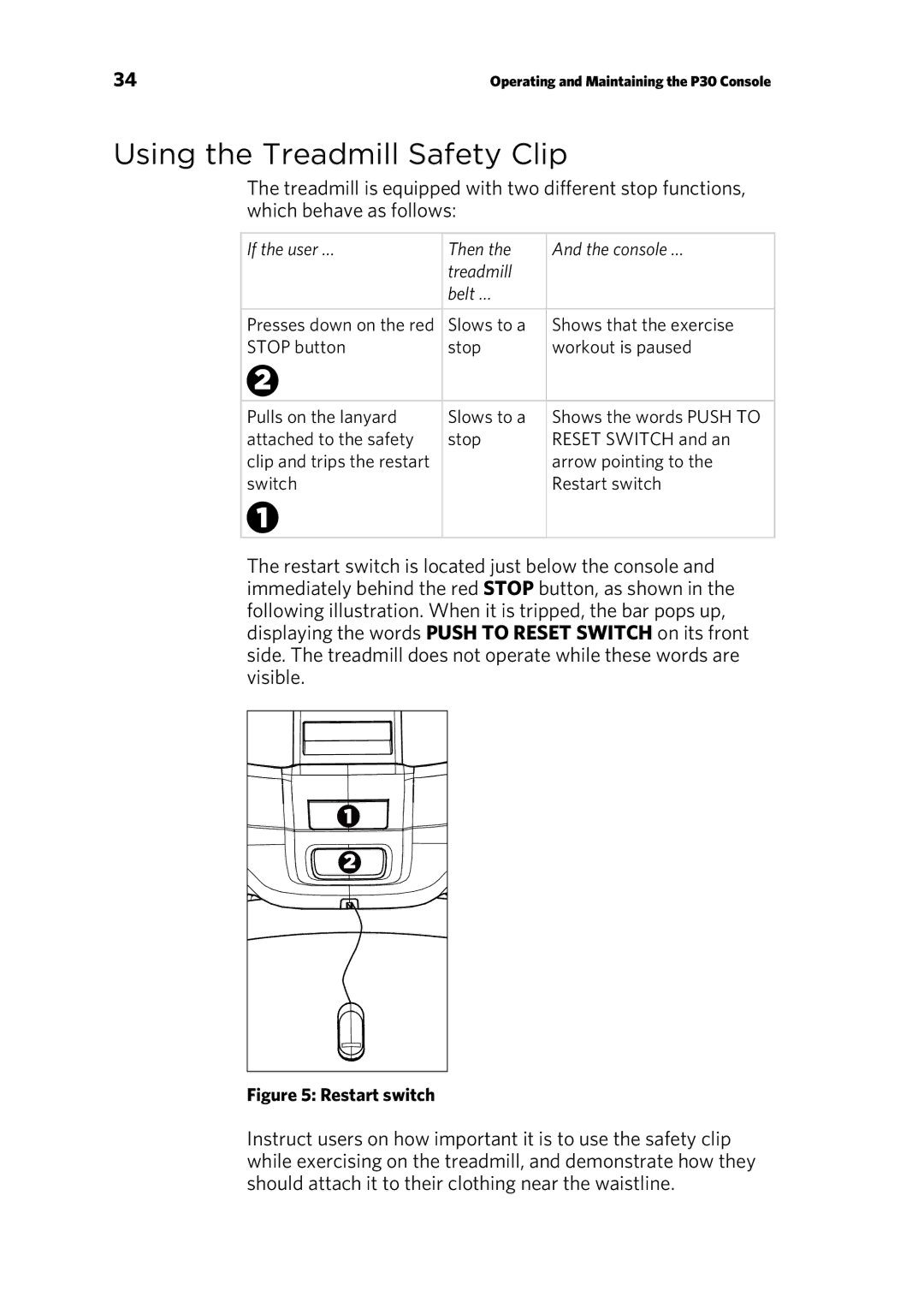 Precor EFX 833, EFX 883 warranty Using the Treadmill Safety Clip, Restart switch 