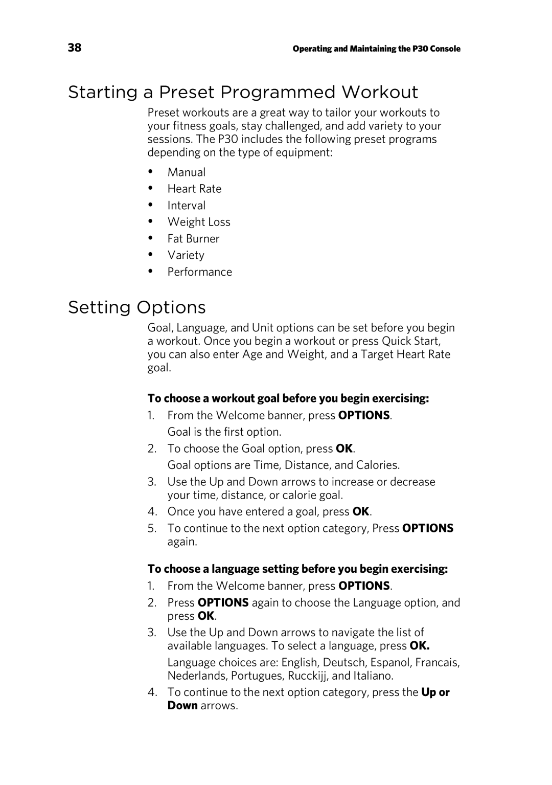 Precor EFX 833 Starting a Preset Programmed Workout, Setting Options, To choose a workout goal before you begin exercising 