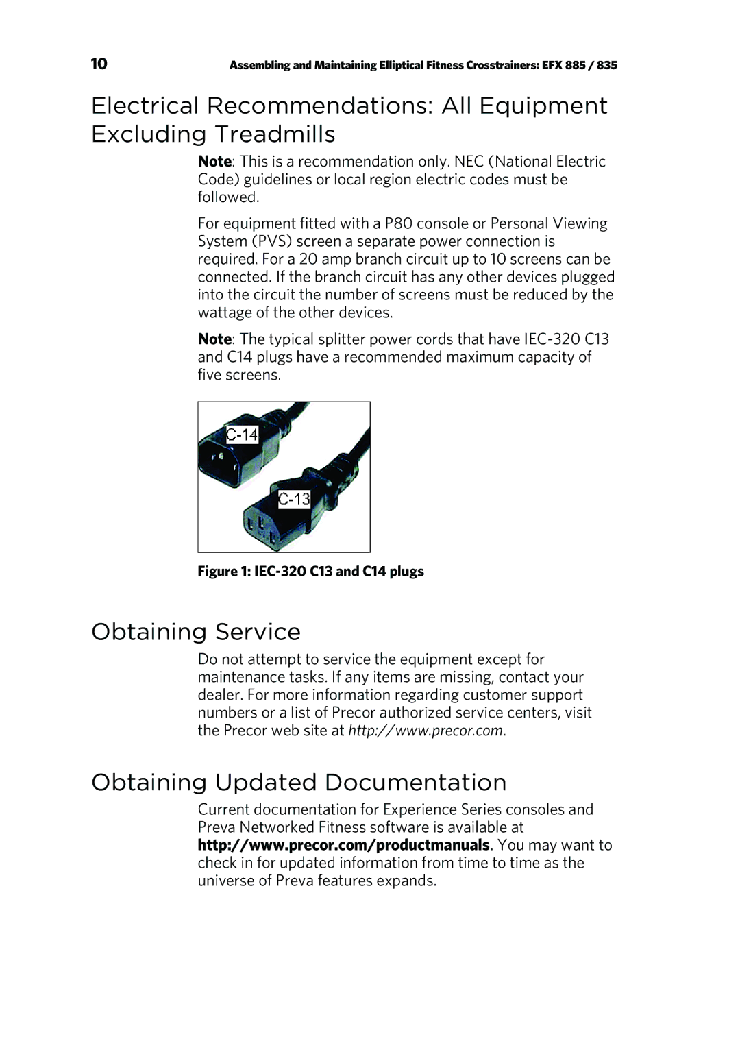 Precor EFX 835, EFX 885 warranty Obtaining Service Obtaining Updated Documentation, IEC-320 C13 and C14 plugs 