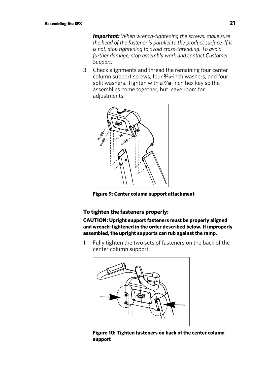 Precor EFX 885, EFX 835 warranty To tighten the fasteners properly, Center column support attachment 