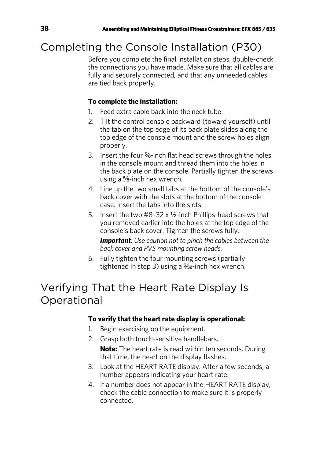 Precor EFX 835, EFX 885 Completing the Console Installation P30, Verifying That the Heart Rate Display Is Operational 