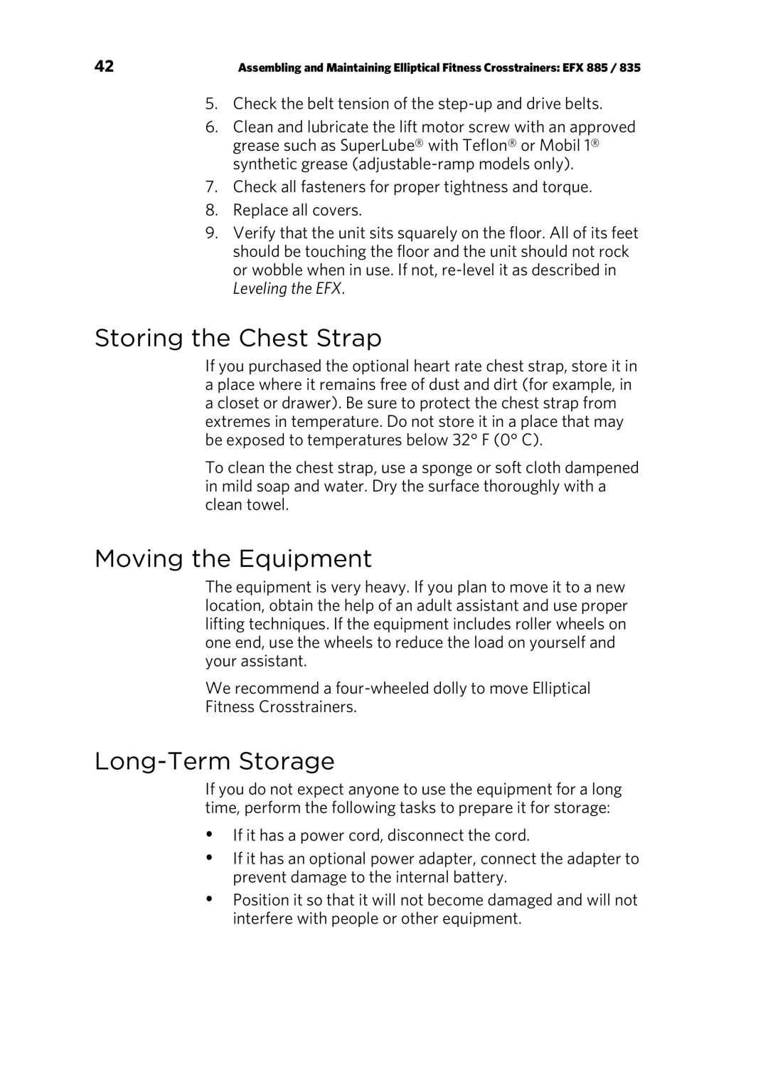 Precor EFX 835, EFX 885 warranty Storing the Chest Strap, Moving the Equipment, Long-Term Storage 