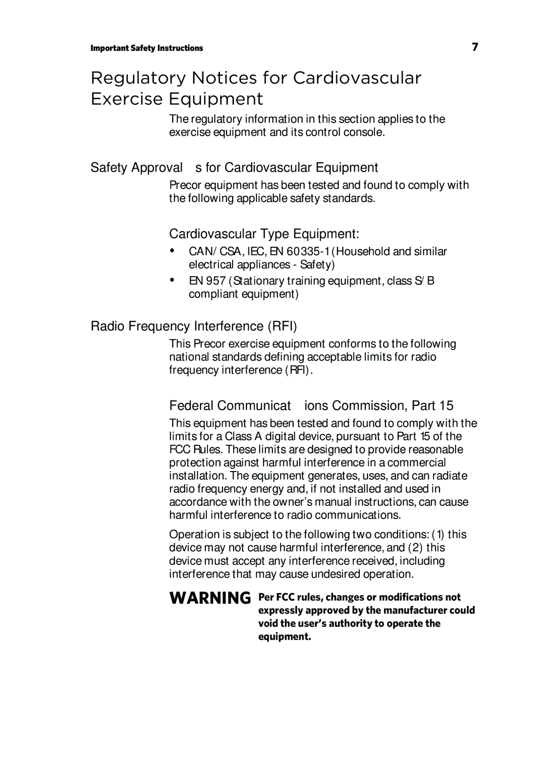 Precor EFX 885, EFX 835 warranty Regulatory Notices for Cardiovascular Exercise Equipment 