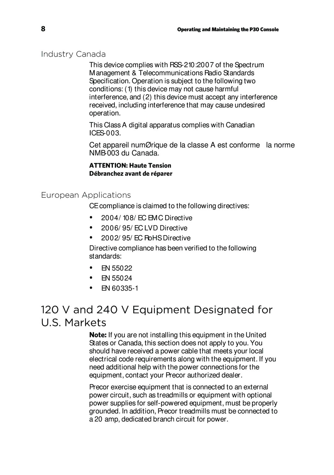 Precor EFX 835, EFX 885 warranty V Equipment Designated for U.S. Markets, Industry Canada 