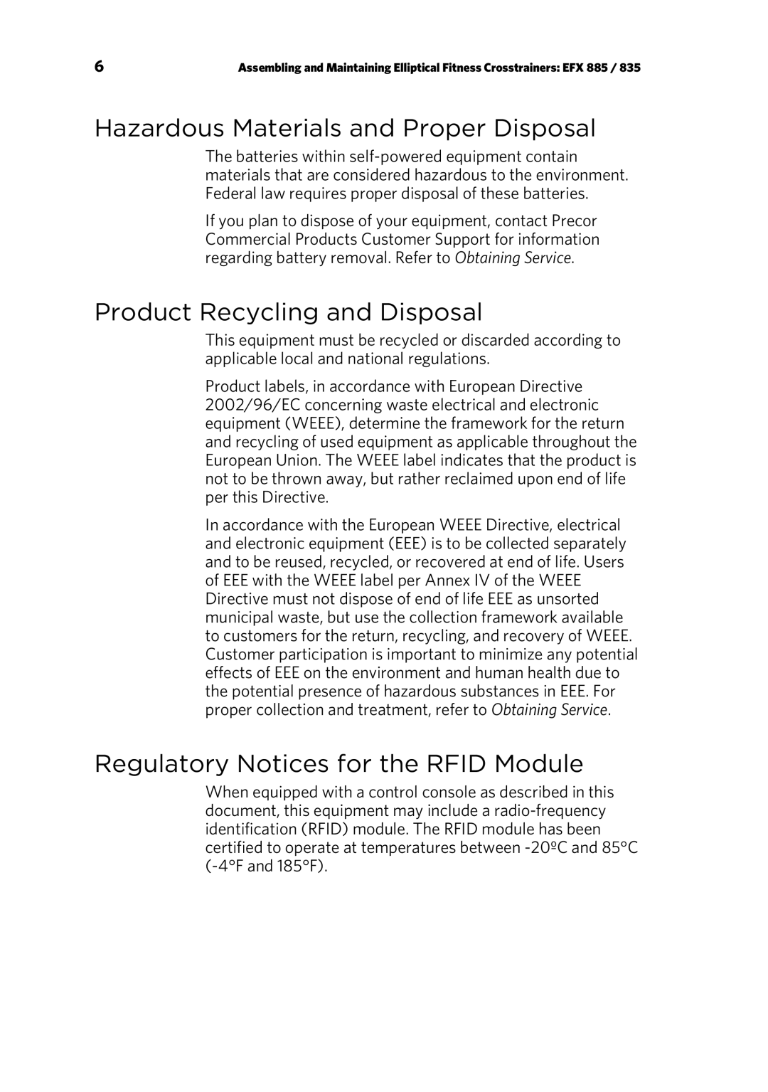 Precor EFX 835, EFX 885 warranty Hazardous Materials and Proper Disposal, Product Recycling and Disposal 