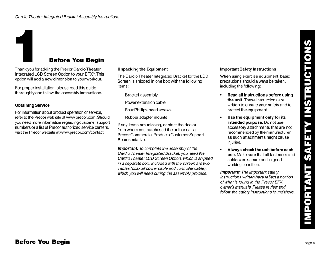 Precor EFX LCD manual Before You Begin, Obtaining Service Unpacking the Equipment 