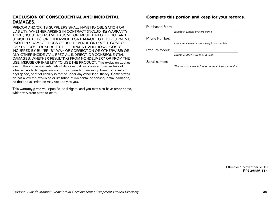 Precor EFX manual Exclusion of Consequential and Incidental Damages 