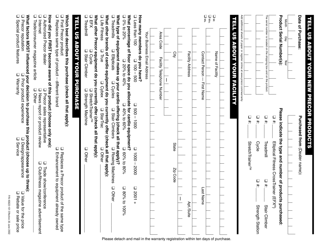 Precor EFX manual Tell US about Your NEW Precor Products 