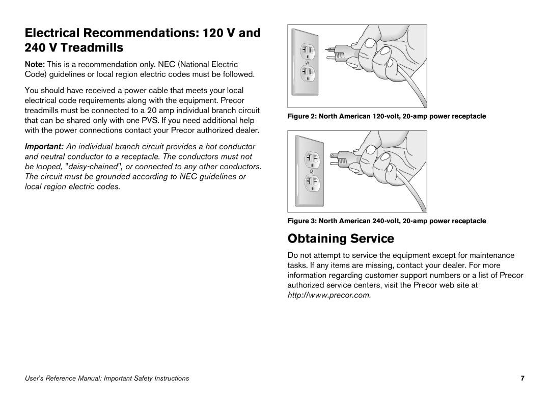 Precor EFX manual Electrical Recommendations 120 V and 240 V Treadmills, Obtaining Service 