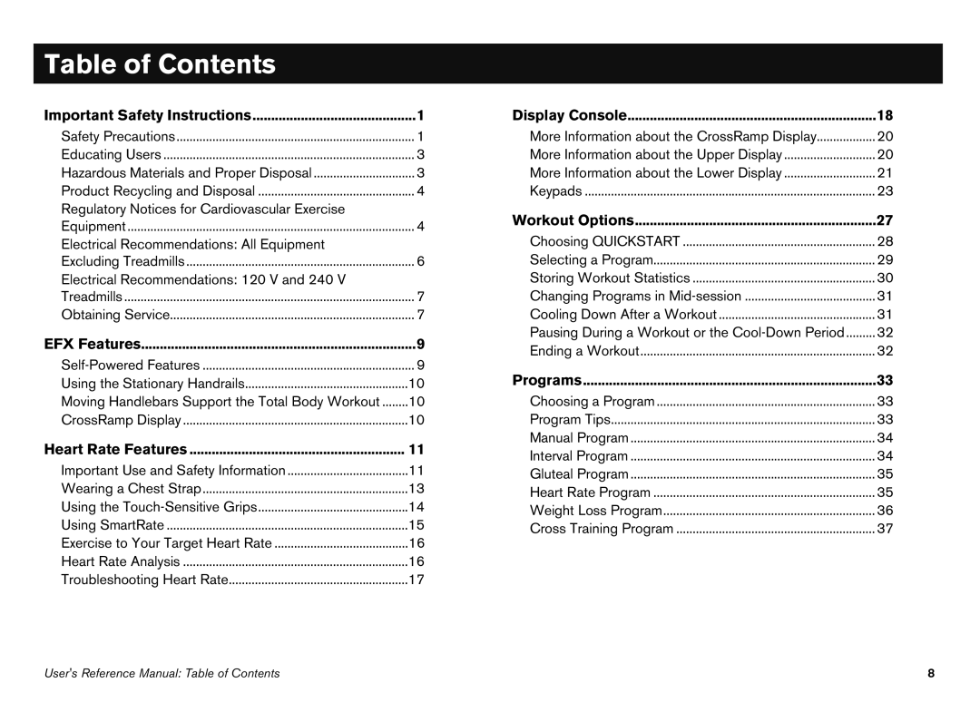 Precor EFX manual Table of Contents 