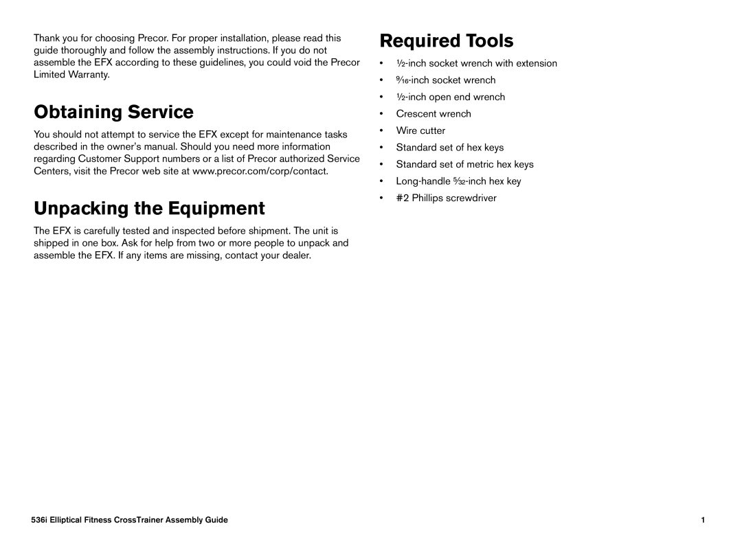 Precor EFX manual Obtaining Service Unpacking the Equipment 