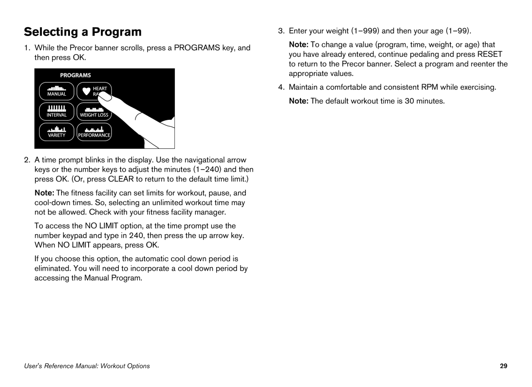 Precor EFX manual Selecting a Program 