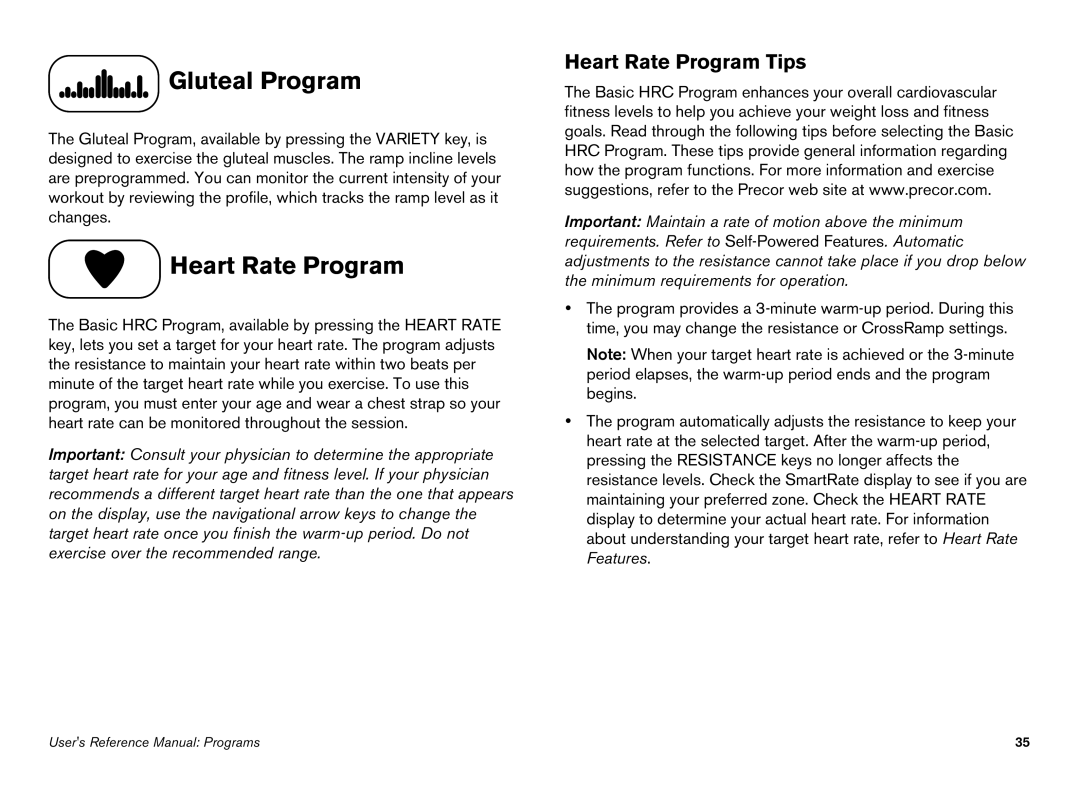 Precor EFX manual Gluteal Program, Heart Rate Program 