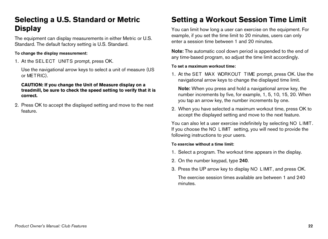 Precor EFX manual Selecting a U.S. Standard or Metric Display, Setting a Workout Session Time Limit 