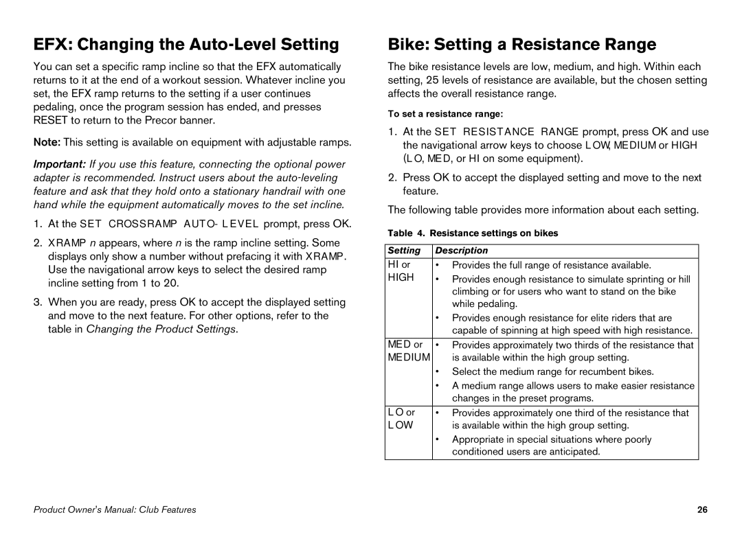 Precor manual EFX Changing the Auto-Level Setting, Bike Setting a Resistance Range 