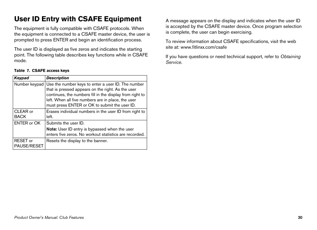 Precor EFX manual User ID Entry with Csafe Equipment, Back 