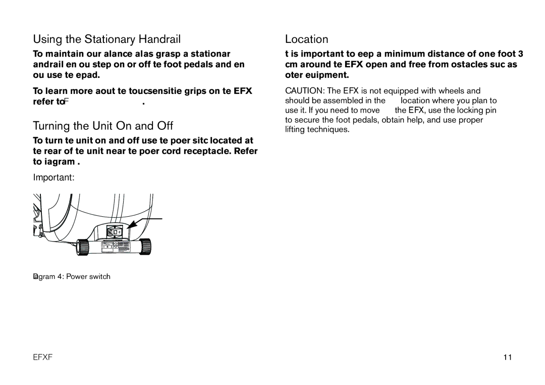 Precor EFX manual Using the Stationary Handrail, Turning the Unit On and Off, Location 