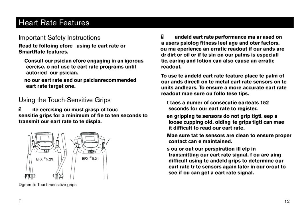 Precor EFX manual Heart Rate Features, Important Safety Instructions, Using the Touch-Sensitive Grips 