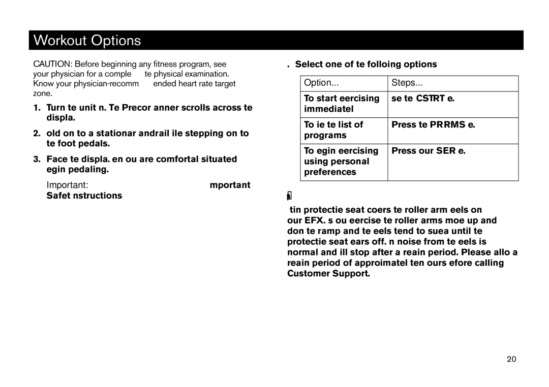 Precor EFX manual Workout Options, Equipment Break-in Notice 