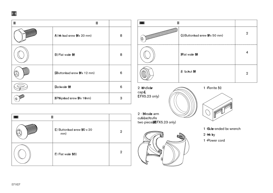 Precor manual Fasteners Quantity, Additional Fasteners for EFX5.23 only Quantity 