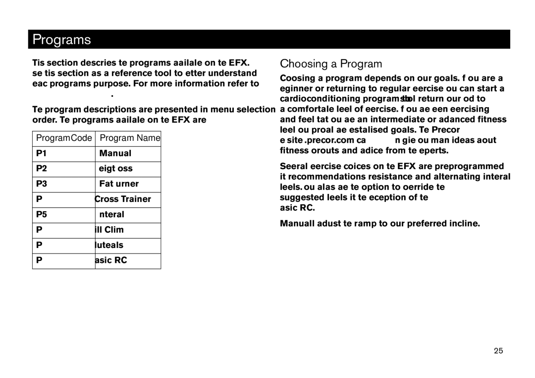 Precor EFX manual Programs, Choosing a Program 