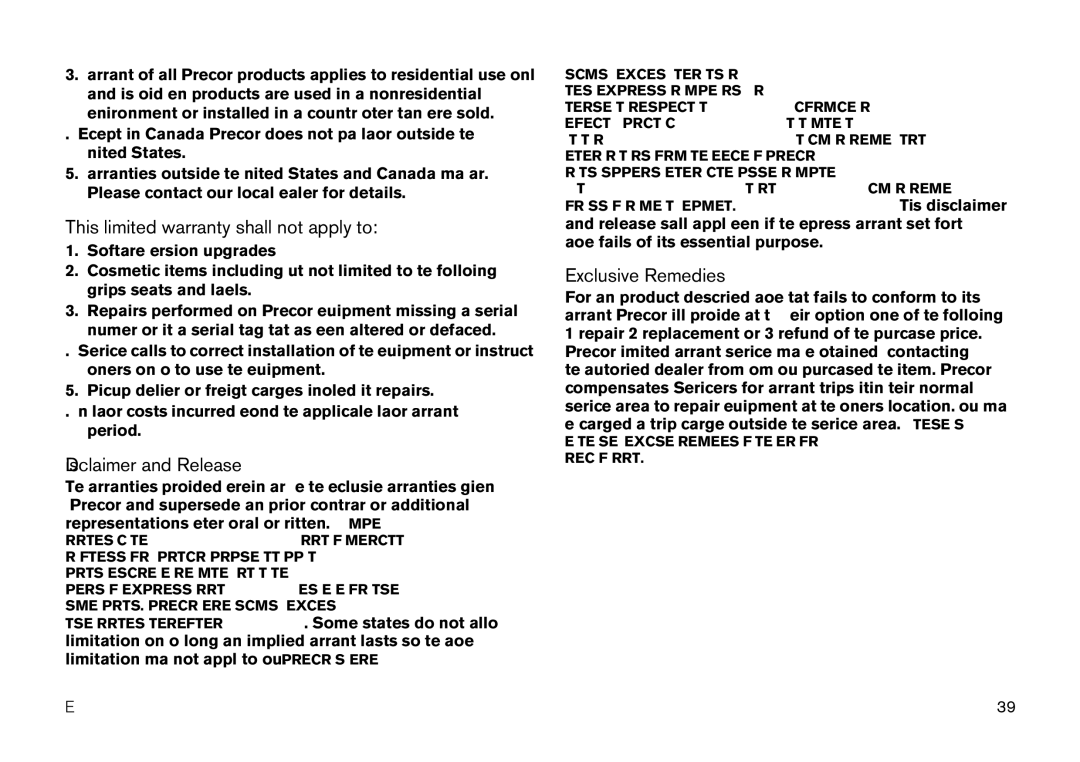 Precor EFX manual This limited warranty shall not apply to 