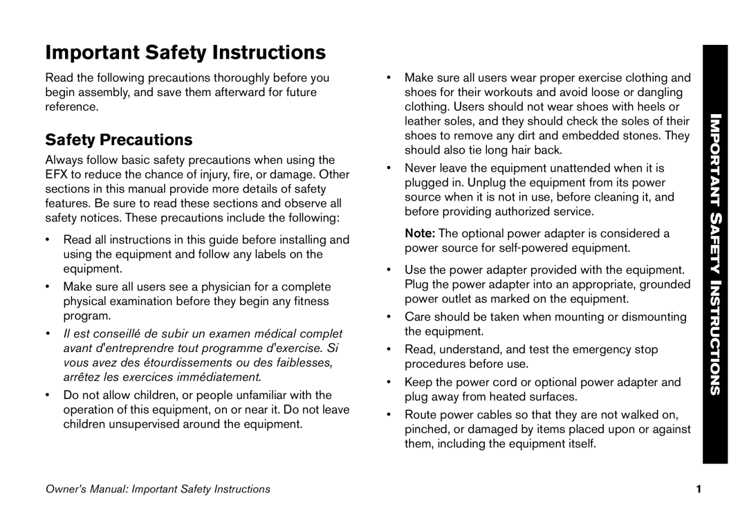 Precor EFX manual Important Safety Instructions, Safety Precautions 