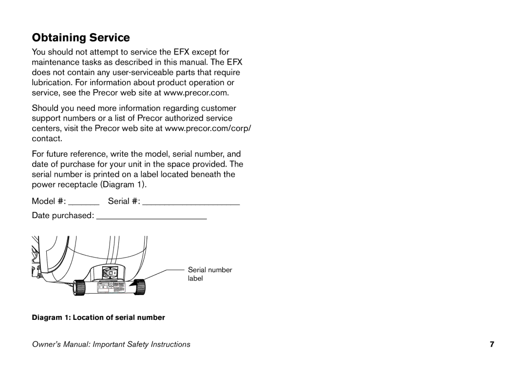 Precor EFX manual Obtaining Service 