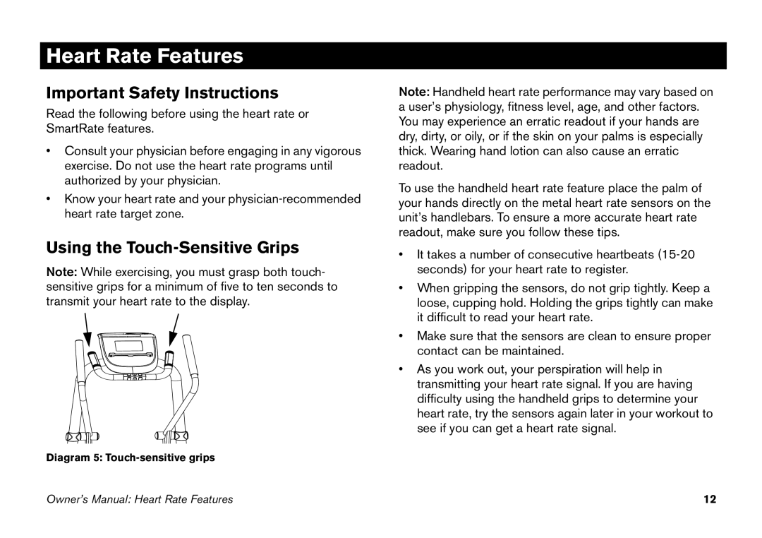 Precor EFX manual Heart Rate Features, Important Safety Instructions, Using the Touch-Sensitive Grips 