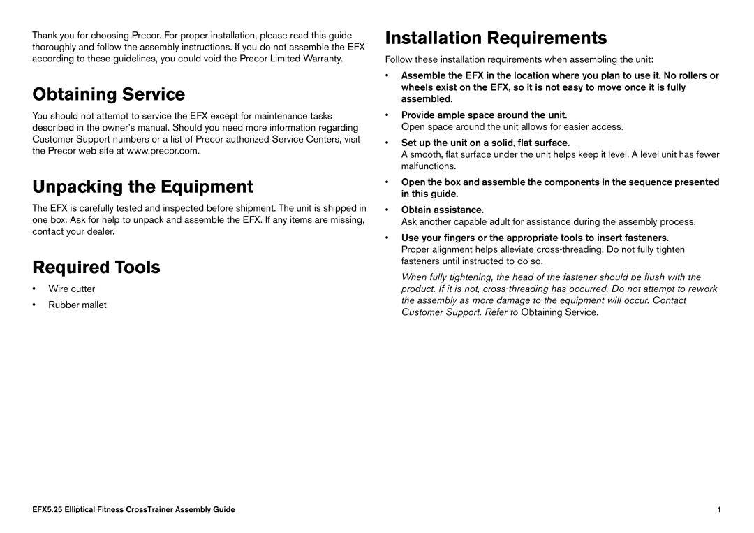 Precor EFX manual Required Tools 