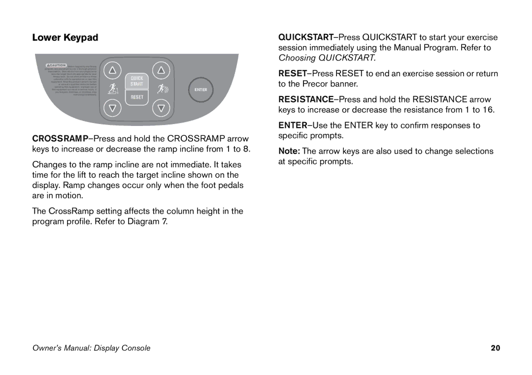 Precor EFX manual Lower Keypad, Quick 