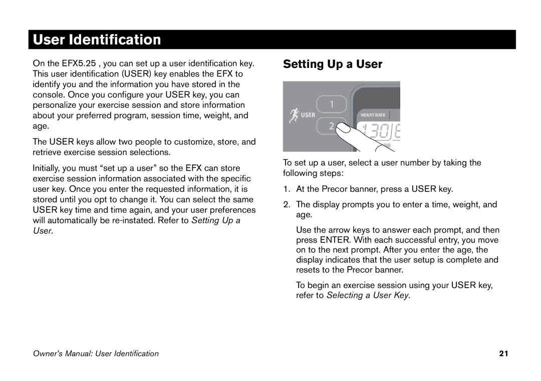 Precor EFX manual User Identification, Setting Up a User 