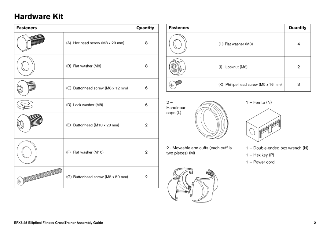 Precor EFX manual Hardware Kit, Fasteners Quantity 