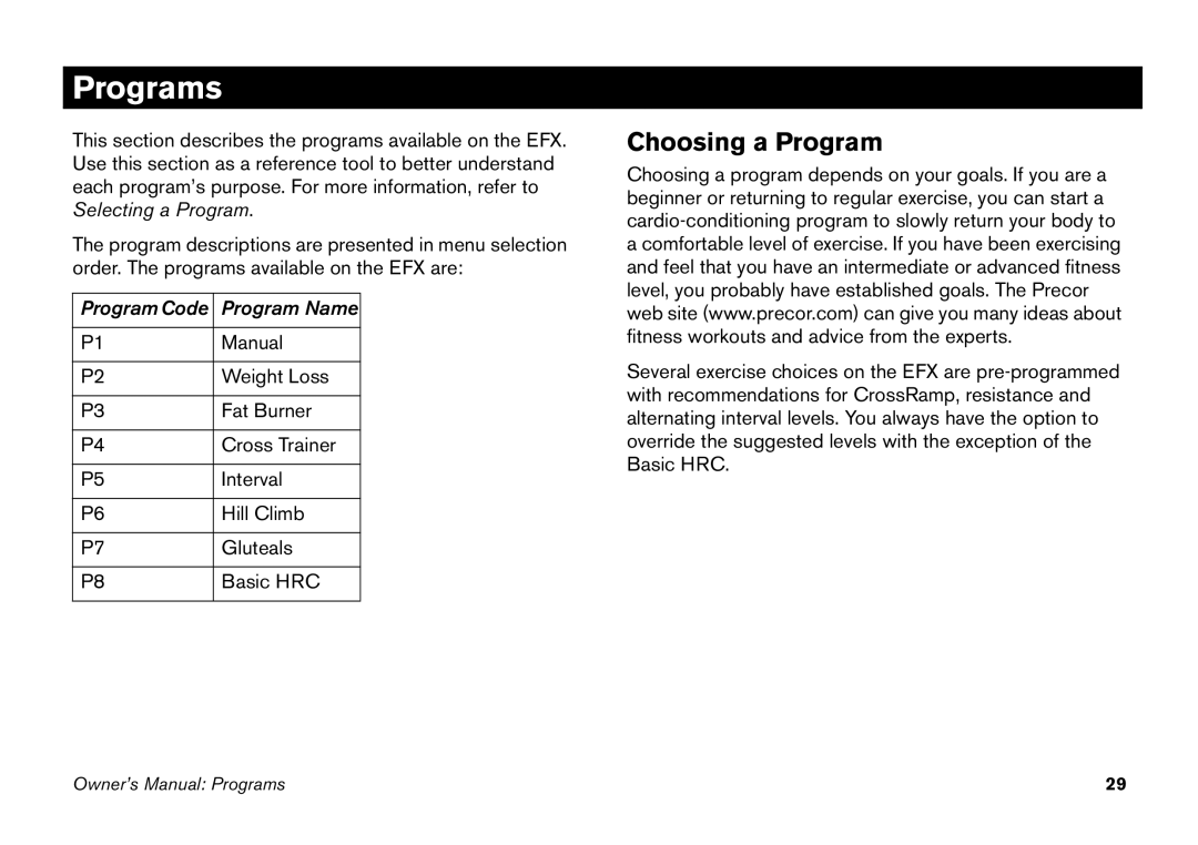 Precor EFX manual Programs, Choosing a Program 