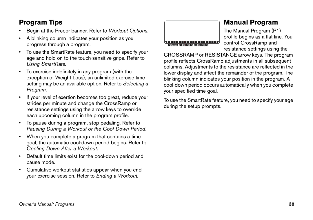 Precor EFX manual Program Tips, Manual Program 