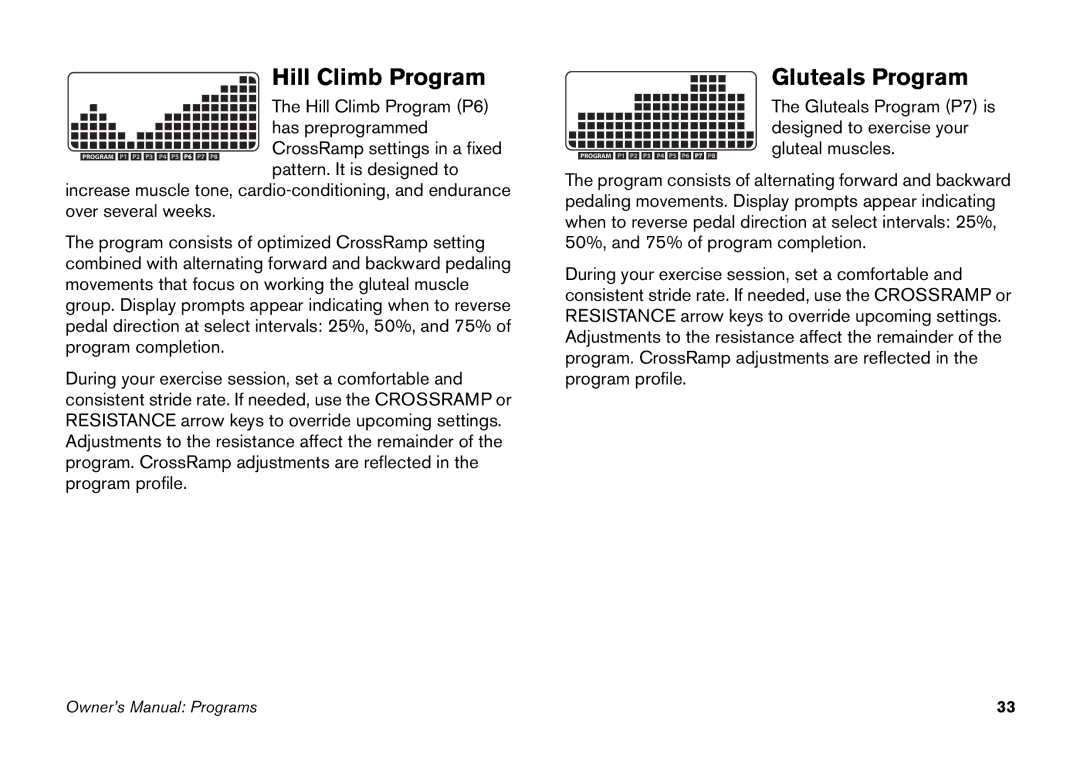 Precor EFX manual Hill Climb Program, Gluteals Program 