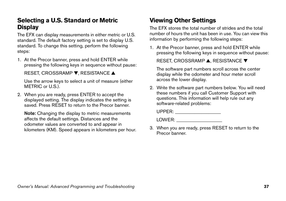 Precor EFX manual Selecting a U.S. Standard or Metric Display, Viewing Other Settings 