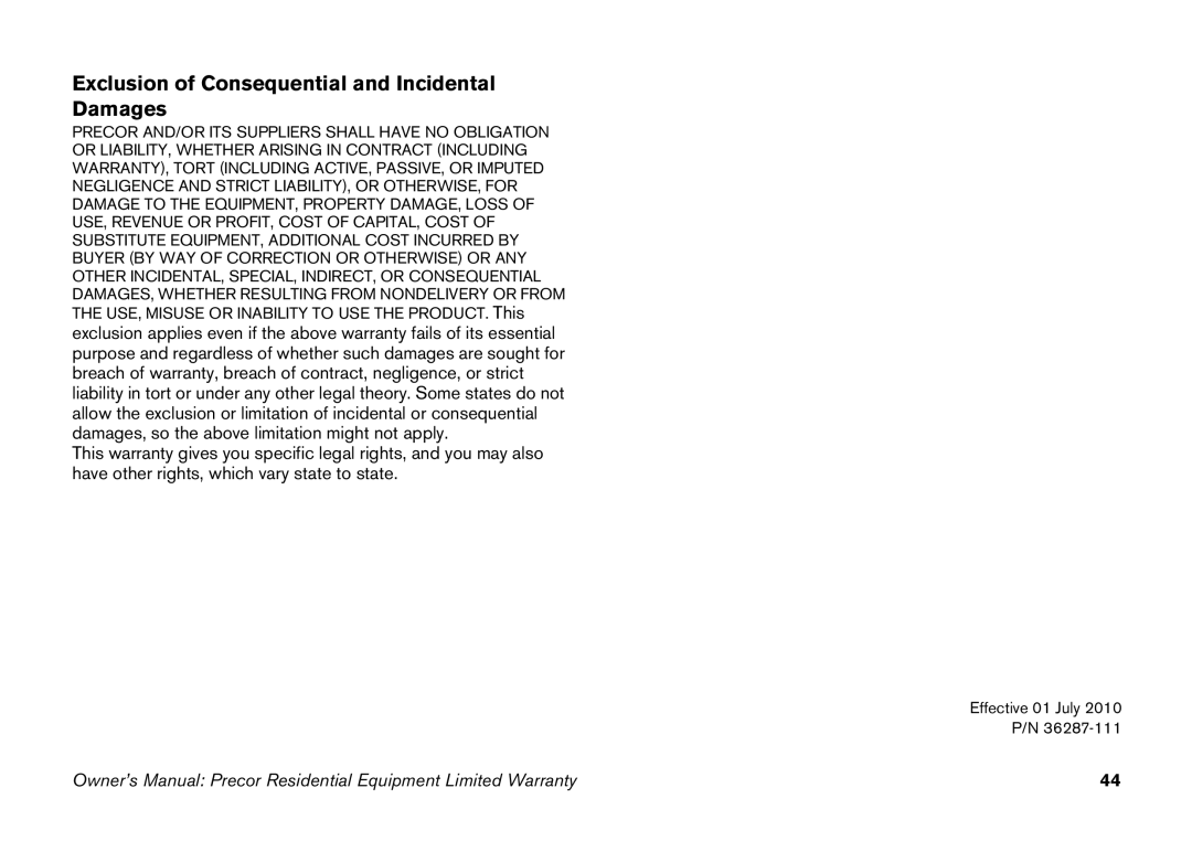 Precor EFX manual Exclusion of Consequential and Incidental Damages 