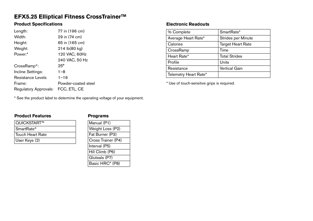 Precor manual EFX5.25 Elliptical Fitness CrossTrainerTM, Product Specifications 