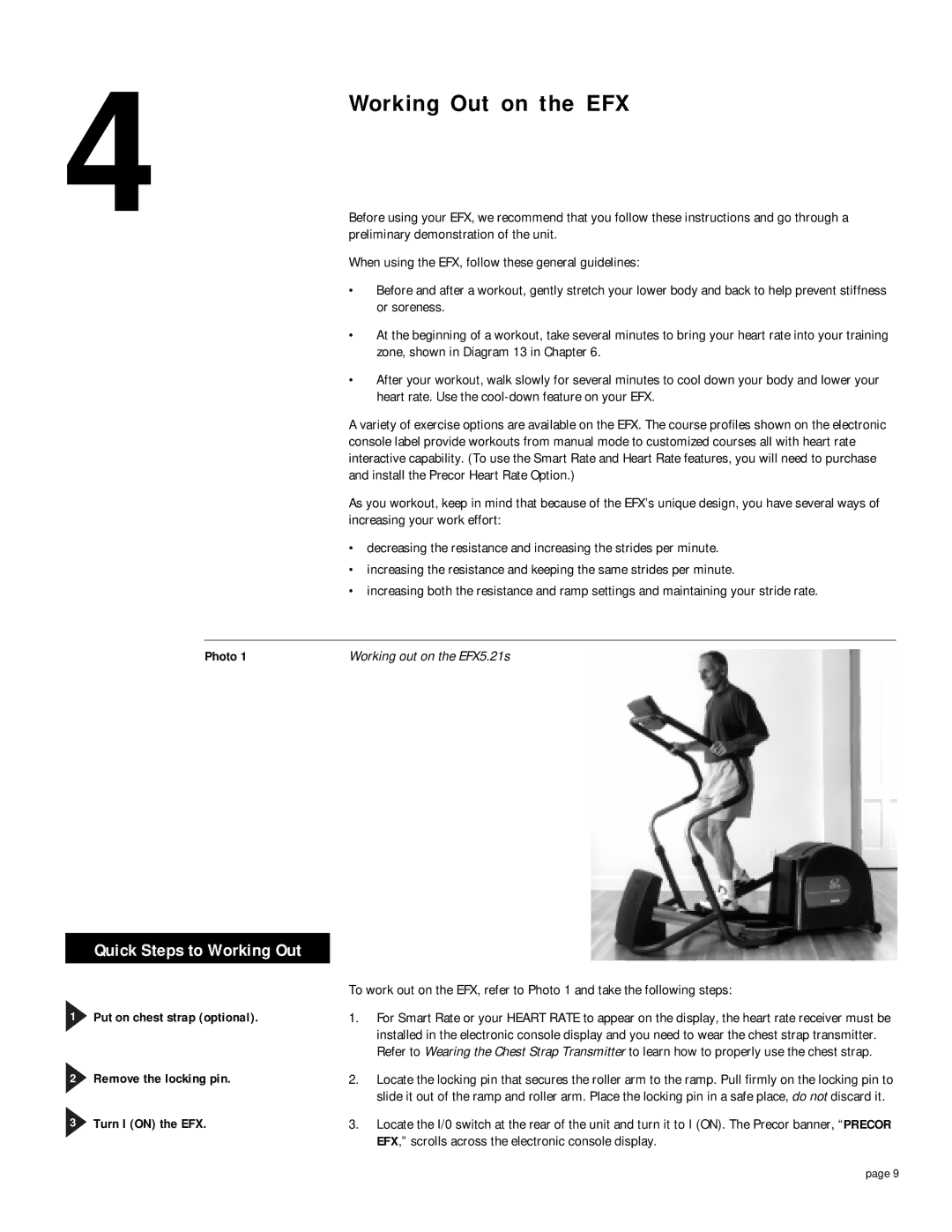 Precor owner manual Working Out on the EFX, Working out on the EFX5.21s 